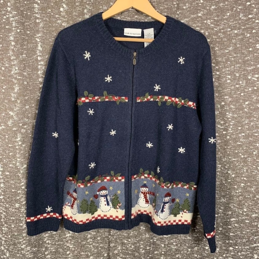 Croft & Barrow Navy Snowman Knit Cardigan Sweater Full Zip Women's Large